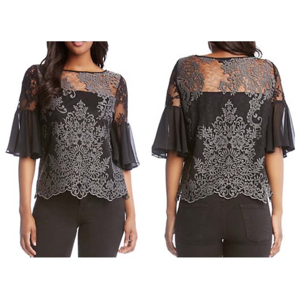 Karen Kane Black Lace Overlay Blouse with Gray Embroidery
